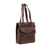 The Vintage Leather Leather Tote - Sorrel features reinforced stitching, two shoulder straps, a front flap pocket, and a side zipper pull, displayed against a white background.