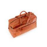 The Leather Duffle Bag Regent by Vintage Leather Sydney is a large brown leather bag with two handles, a shoulder strap, front zippered pocket, and brass hardware, displayed on a plain white background.