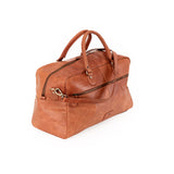 The Leather Duffle Bag Regent by Vintage Leather Sydney is a brown leather bag with two handles, a shoulder strap, front zip pocket, and gold-tone hardware, shown on a white background.