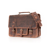 The Leather Messenger Bag Prestige by Vintage Leather Sydney is a brown leather satchel with a top handle, two front buckles, and a shoulder strap on top, photographed on a white background for classic style and function.