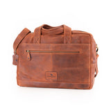 The Leather Messenger Bag Zenith by Vintage Leather Sydney features a brown leather design with a shoulder strap, front zipper pocket, small logo patch, and gold-tone hardware—ideal for professionals who value style and functionality.