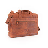 The Leather Messenger Bag Zenith by Vintage Leather Sydney features handles, an adjustable shoulder strap, front zippered pocket, and small embossed logo on the front. It's shown on a white background.