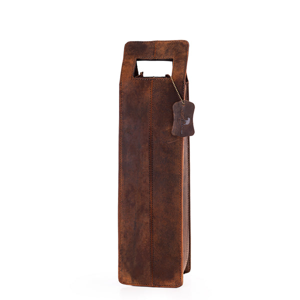 Brown leather wine bottle holder on a white background
