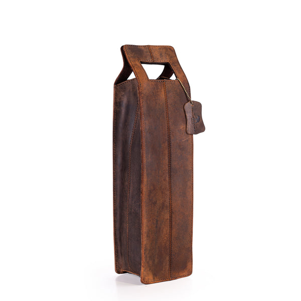 The Banbury Wine Carry Bag by Vintage Leather Sydney features a brown leather design with a leather handle, making it perfect for carrying your favorite bottle in style.
