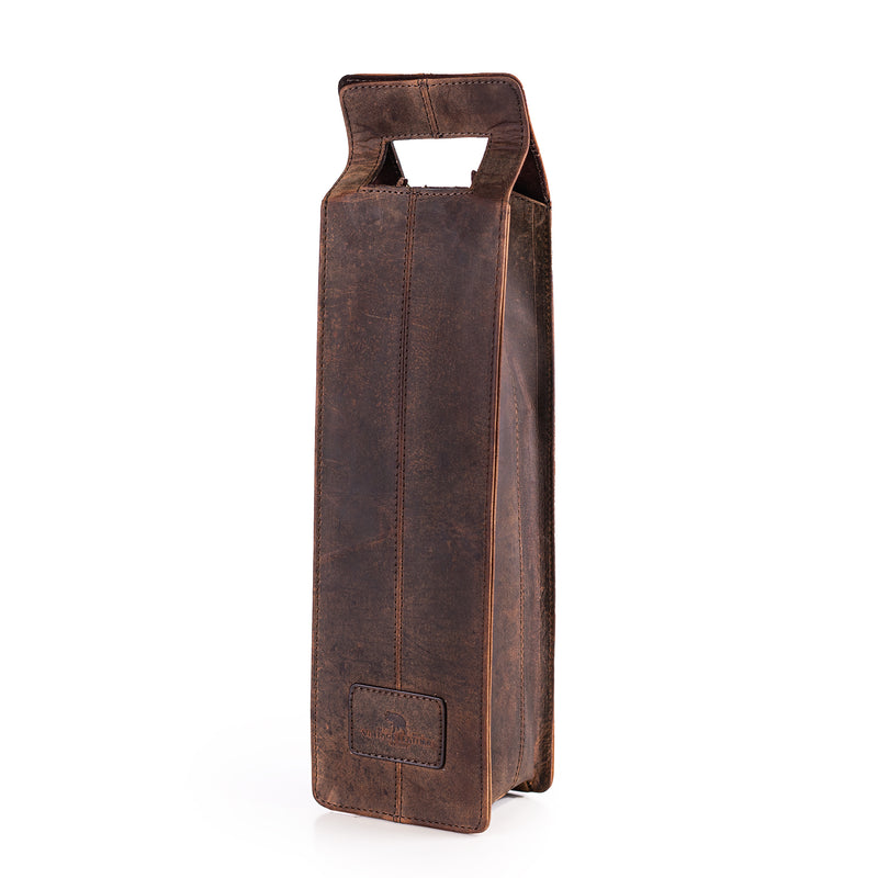 The Banbury Wine Carry Bag by Vintage Leather Sydney is a standing, rectangular full-grain leather bag with stitched edges, a top handle, and an embossed logo near the base.