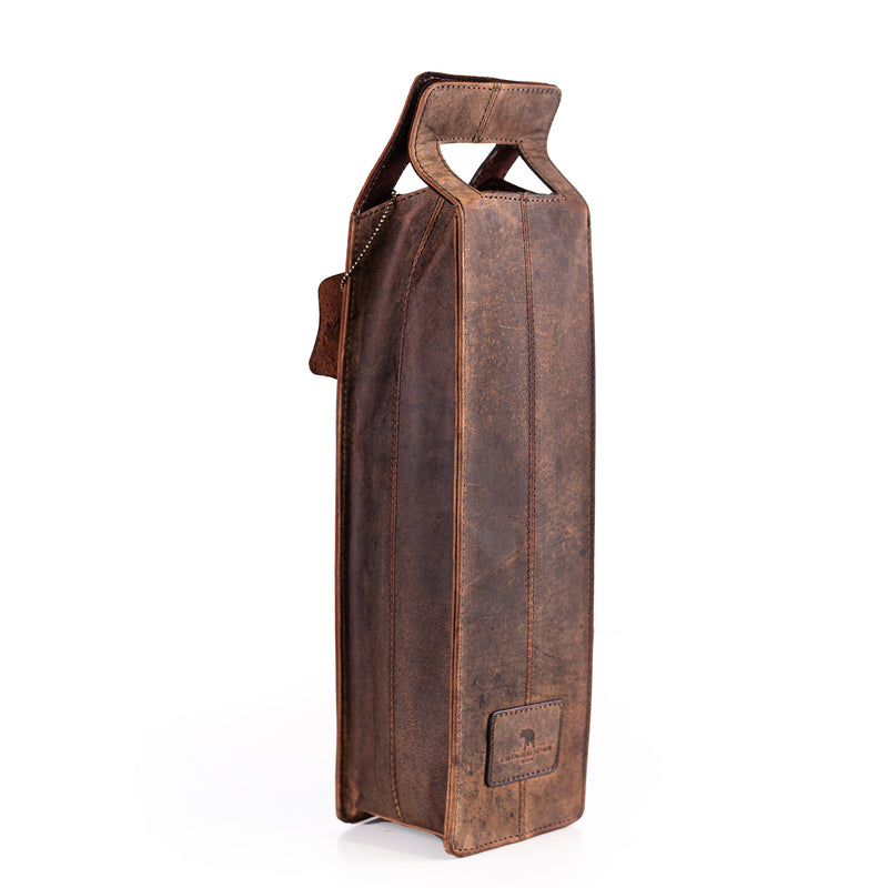 The Banbury Wine Carry Bag by Vintage Leather Sydney is a rectangular, brown full-grain leather wine bottle carrier with top handle and visible stitching, shown standing upright against a white background.