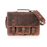 The Leather Messenger Bag Prestige by Vintage Leather Sydney is a vintage-style brown leather satchel featuring a top handle, adjustable shoulder strap, and front buckles, displayed against a white background.