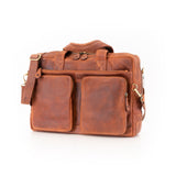 The Leather Messenger Bag Zenith by Vintage Leather Sydney features two front zippered pockets, a shoulder strap, and sturdy handles for style and functionality, shown against a white background.