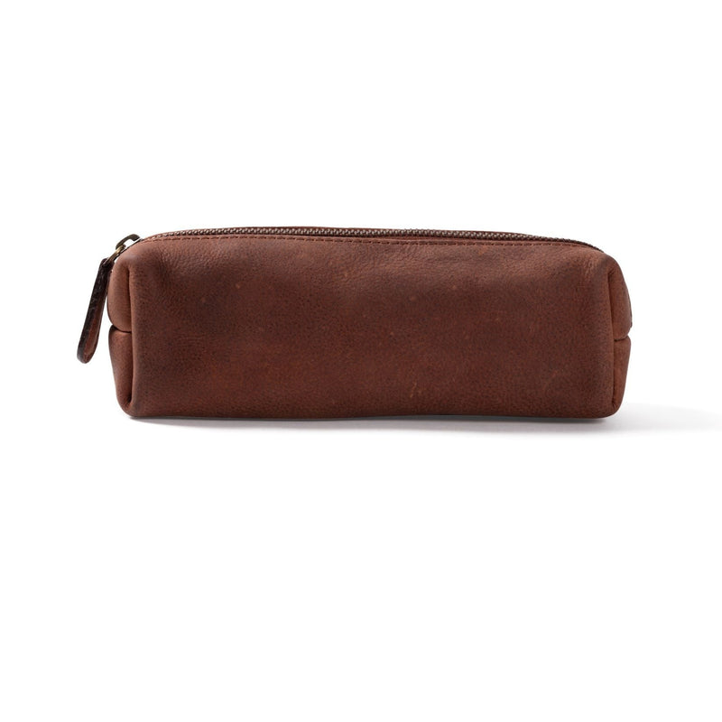 The Leather Pencil Case | Ethan by Vintage Leather Sydney is a handcrafted rectangular brown leather case with a small zipper pull, made from high-quality leather and displayed against a white background.